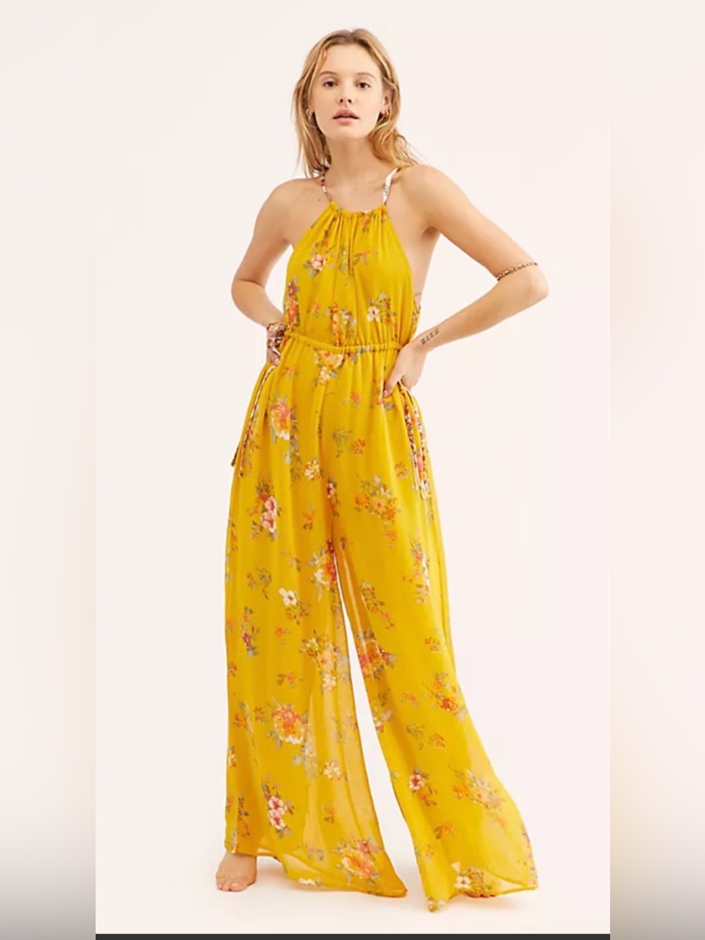 Free People Georgia Jumpsuit Floral Wide Leg Mustard Yellow Size M